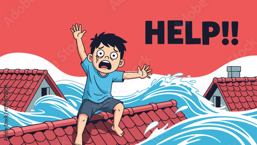 Distressed boy trapped on a rooftop during a severe flood disaster calls out for help while surrounded by rising water.