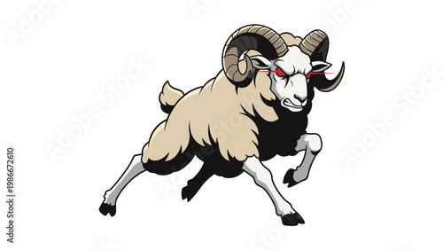 Powerful ram with large curved horns and glowing red eyes charges forward with a fierce and aggressive expression.