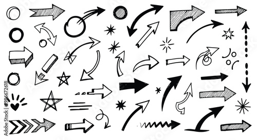 Hand drawn arrow set, black ink doodle pointers and stars, sketch style direction symbols for business presentations and infographics