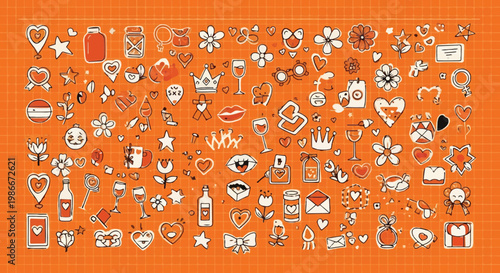 Collection of cute love icons and valentines day symbols on orange background
