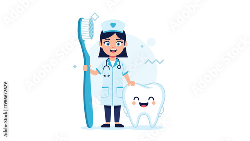 Friendly female dentist standing with a giant blue toothbrush and a happy cartoon tooth character on a white background.