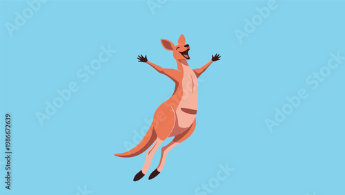 Joyful kangaroo character jumps high into the air with arms outstretched against a solid light blue background.