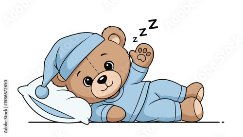 Cute brown teddy bear wearing blue pajamas and a nightcap sleeps peacefully on a white pillow while dreaming.