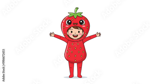 Cheerful little girl dressed in a bright red strawberry fruit costume with green leaves opens her arms wide for a hug.