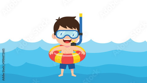 Happy young boy wearing a snorkel mask and a colorful swim ring stands ready for a fun swimming adventure in the ocean.
