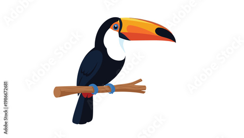 Beautiful tropical toucan bird with a large colorful beak perches peacefully on a brown tree branch against white.