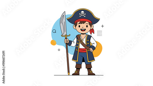 Proud young boy dressed as a pirate captain with a tricorn hat and a large sword stands on a white background.