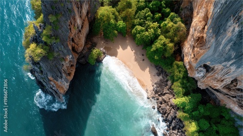 Serene Aerial View of Tropical Beach Surrounded by Lush Greenery and Rugged Cliff Faces