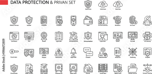 Data protection and privacy line icon set with encryption firewall analytics cloud security authentication monitoring database network vector collection