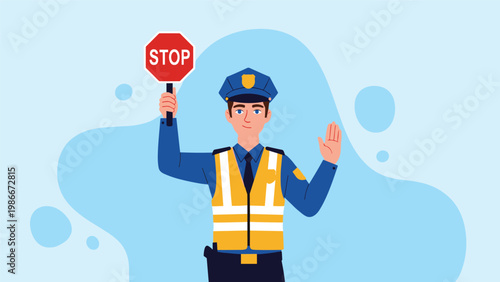 Professional police officer in uniform holds a red stop sign while signaling with his hand for traffic to halt.