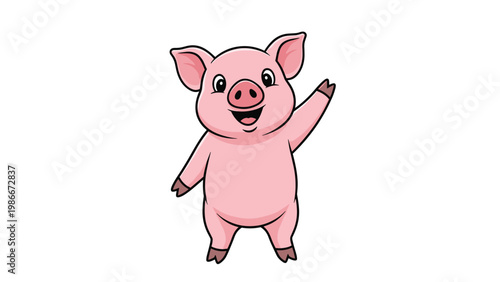 Joyful pink pig character stands and waves happily with one hoof while smiling warmly on a clean white background.