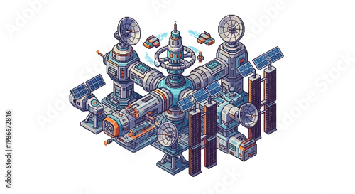 Futuristic Space Station With Advanced Technology And Solar Panels.