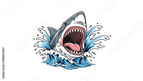 Powerful great white shark with a wide open mouth full of sharp teeth jumps aggressively out of the blue ocean waves.