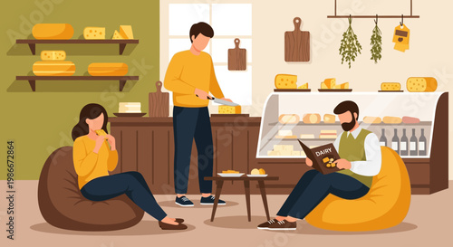 People enjoying cheese tasting in a cozy shop.