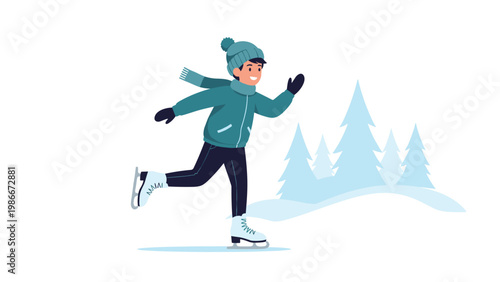 Young happy boy wearing winter clothes enjoys ice skating on a frozen lake with snowy pine trees in the background.