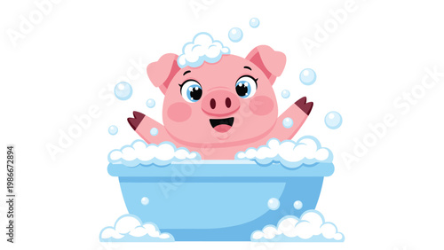 Adorable pink cartoon pig character enjoying a relaxing bubble bath in a blue basin with soap suds and floating bubbles.