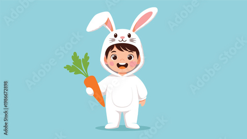 Happy young boy dressed in a cute white bunny rabbit costume holds a large orange carrot against a blue background.