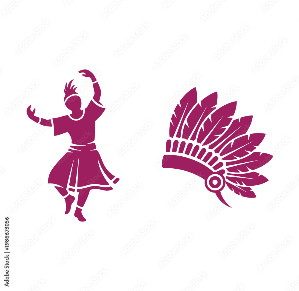 Fototapeta premium magenta silhouette of dancing man and feathered headdress on white background