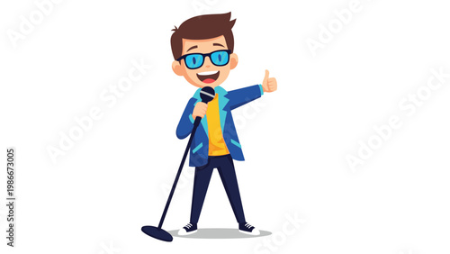 Confident young boy wearing glasses holds a microphone and gives a thumbs up while performing on stage.