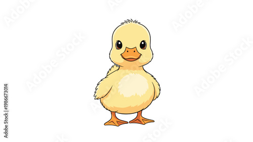 Cute yellow duckling character standing and looking forward with its wings tucked in on a plain white background.