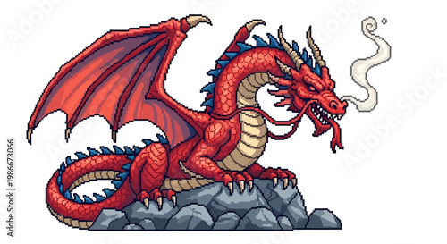 Majestic Red Dragon Resting on Rocky Outcrop.
