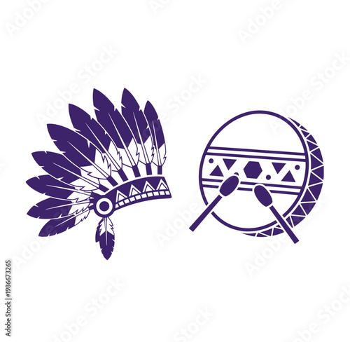 Native American headdress and drum with two drumsticks on white background
