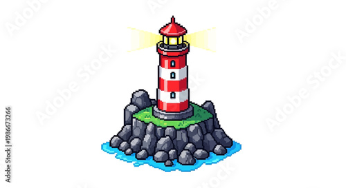Isometric Lighthouse Structure Guiding Ships at Sea.