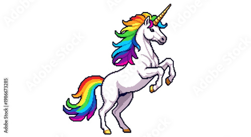 Majestic Unicorn Rearing Up with Rainbow Mane and Tail.