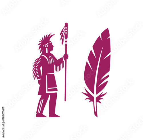 Native American man in traditional clothing holding feathered spear and feather isolated on white background