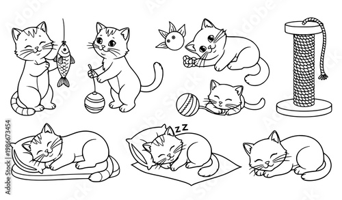 A set of cute cat illustrations in various playful and sleeping positions
