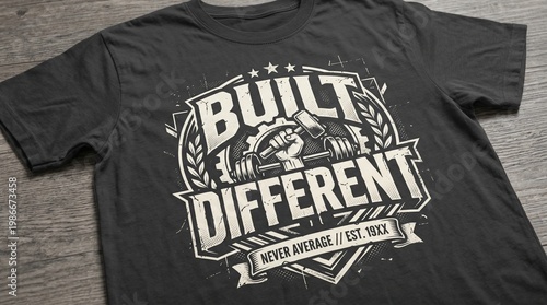 A front view of a black cotton t-shirt design concept featuring a creative chalk word sign on a blackboard template for modern fashion business clothing