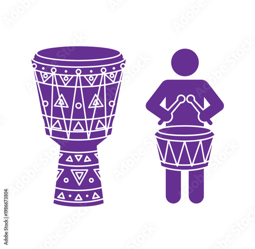 Purple djembe drum and drummer on white background