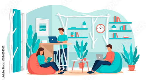 People working and relaxing in a modern office space.