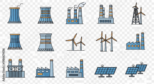 Collection of energy production facilities including nuclear, wind, solar, and industrial plants.