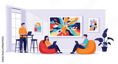 People working and relaxing in a modern office space.