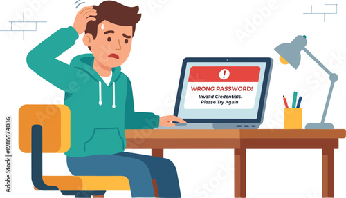 Man sitting at desk frustrated with laptop displaying error message