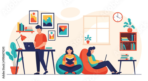 People studying and working in a cozy home environment.