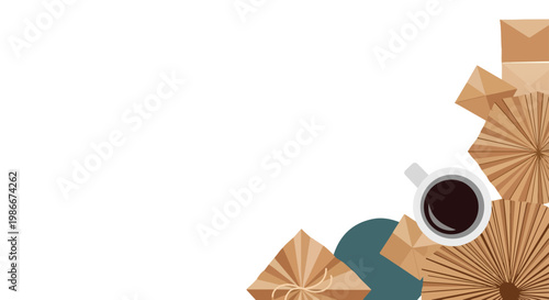 A minimalist vector background featuring a cup of black coffee surrounded by craft paper fans and parcels in the bottom right corner.