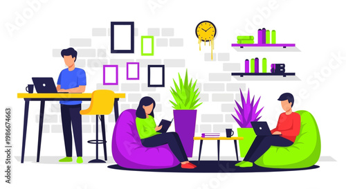 People working and relaxing in a modern office space.