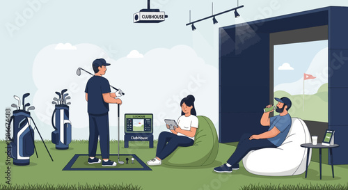 People enjoying indoor golf simulator experience together.