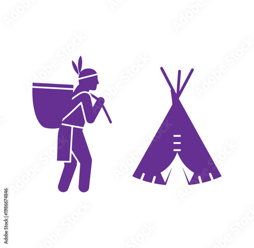 purple silhouette of a native american man with a backpack and a teepee tent