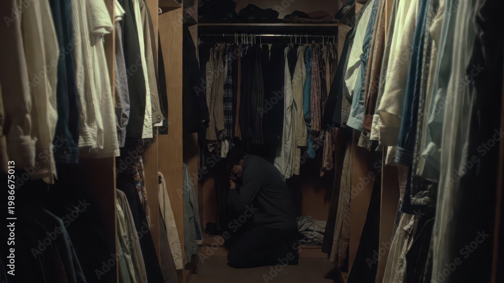 Fototapeta premium Person in Dark Closet Surrounded by Clothes, Expressing Emotion