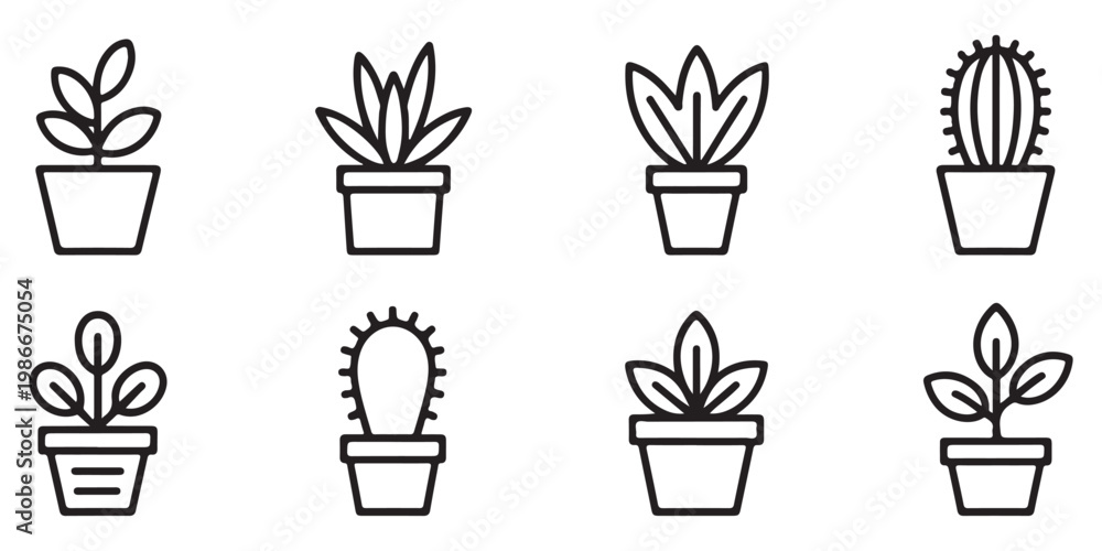 Fototapeta premium Set of Minimalist Potted Plant and Cactus Line Icons for Gardening and Interior Decor