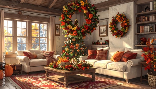 A cozy living room decorated for fall with a floral arch