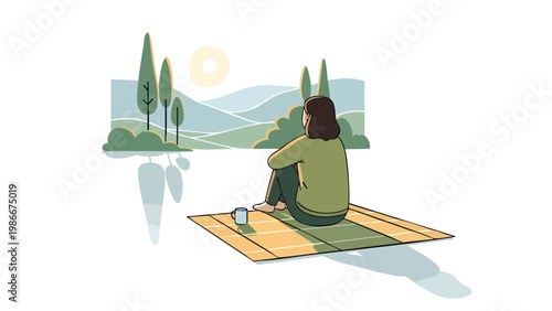 Woman Meditating Outdoors, Serene Landscape, Mindfulness & Wellness Concept