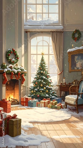 A cozy living room decorated for Christmas with presents and a tree