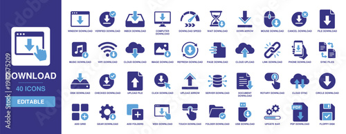 Download icon including set of cloud upload, update progress, phone download, server sync, computer disk, music download, and web document load.