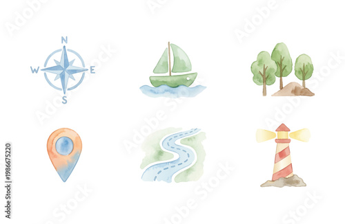 Watercolor map icons set with compass sailboat trees location pin road and lighthouse isolated on white background