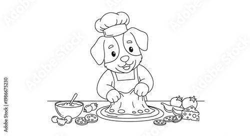 A cute cartoon dog wearing a chef's hat and apron, making a pizza with fresh ingredients.
