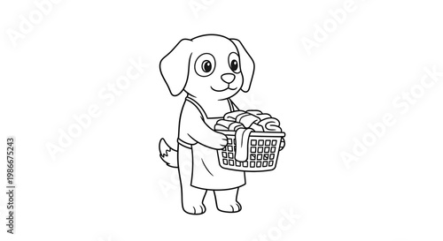 A cute cartoon puppy wearing an apron and holding a basket full of laundry.
